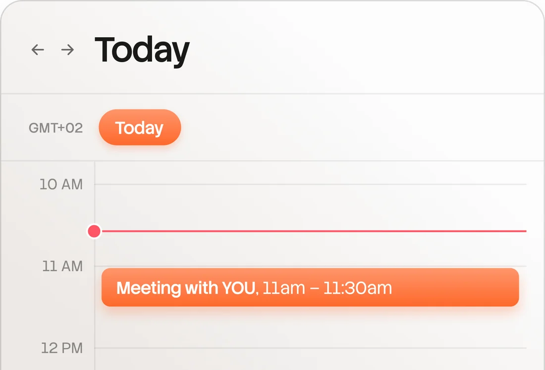 Calendar showing a meeting with you booked today from 11am to 11:30am