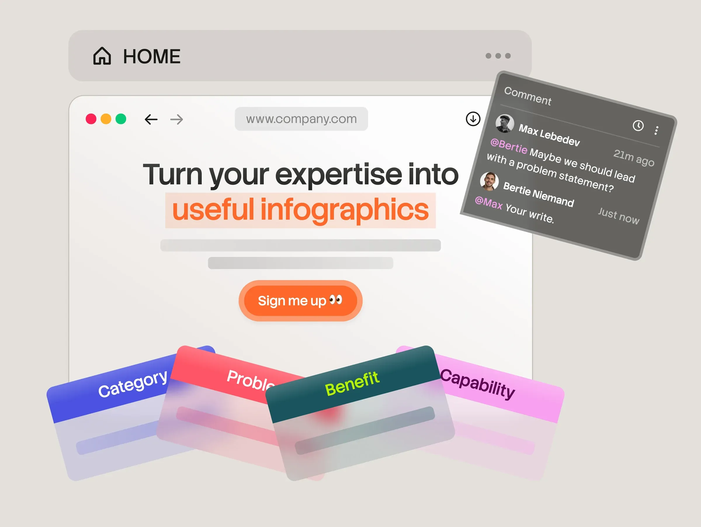 Preview of a Serpsprout landing page in a browser window, with a client comment thread and category, problem, benefit and capability cards