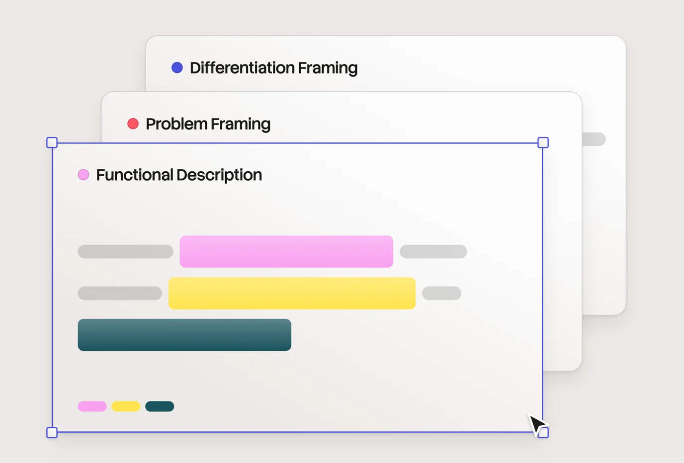 Three stacked positioning cards: Differentiation Framing, Problem Framing and a selected Functional Description